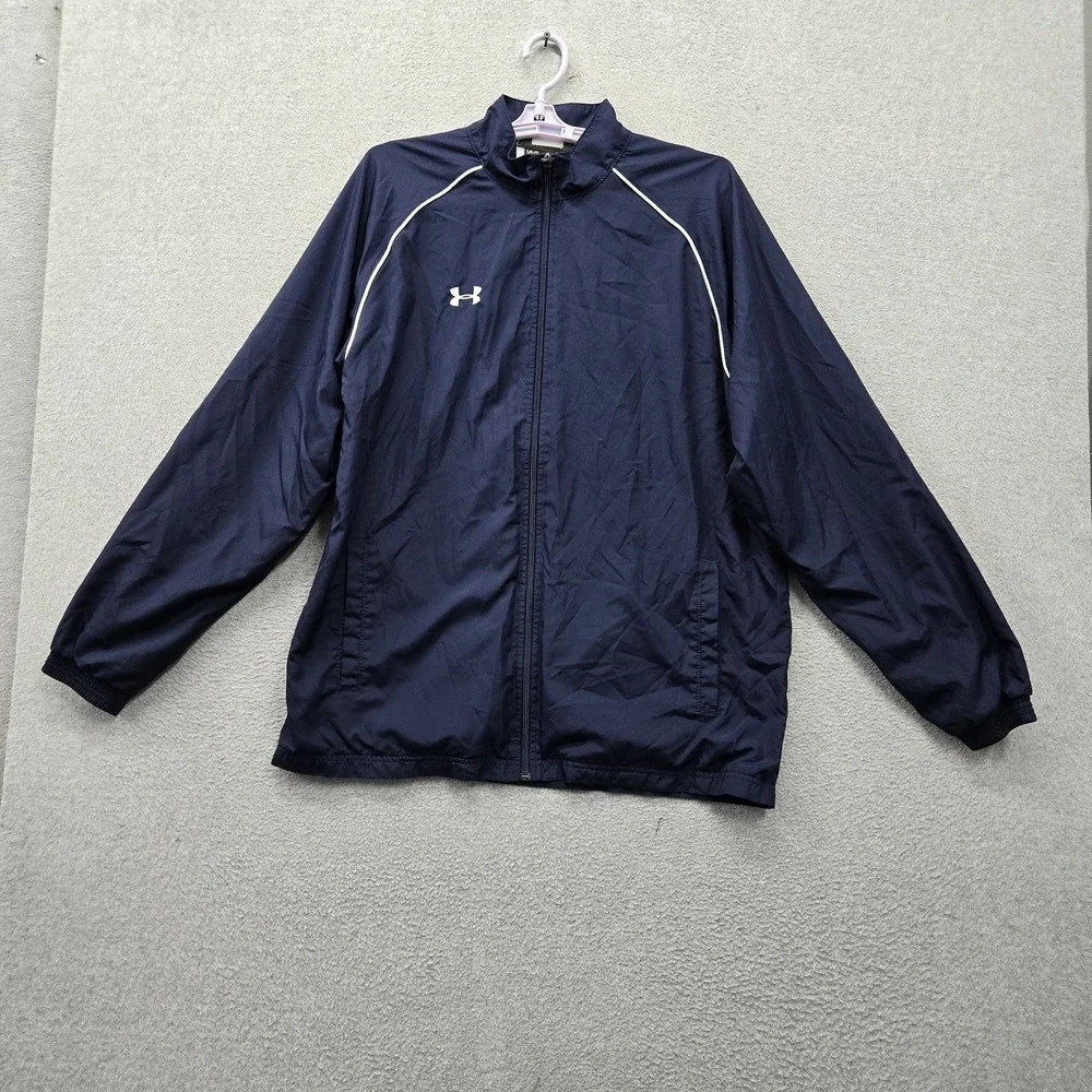 Under Armour Men Activewear Jacket L Blue Track Loose Logo Full Zip Mock Neck